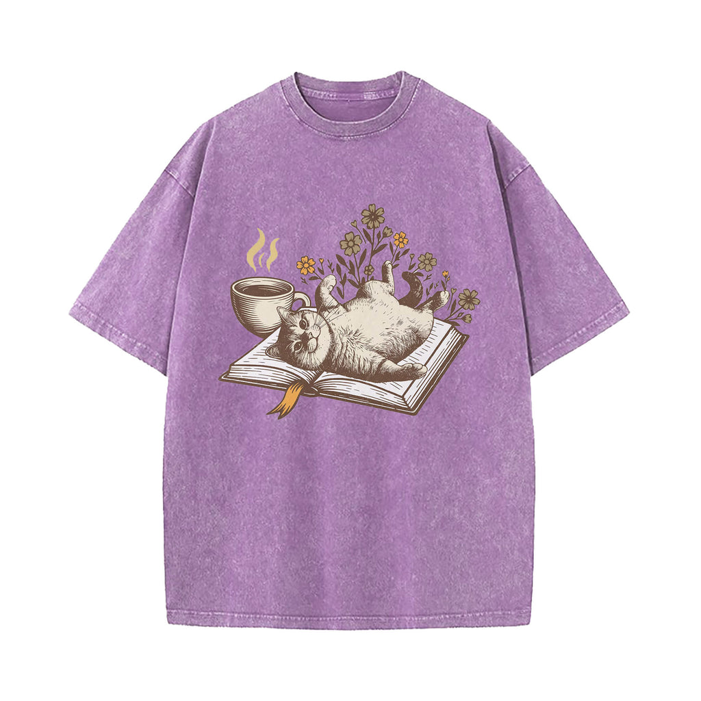 Cozy Book Cat Washed T-Shirt