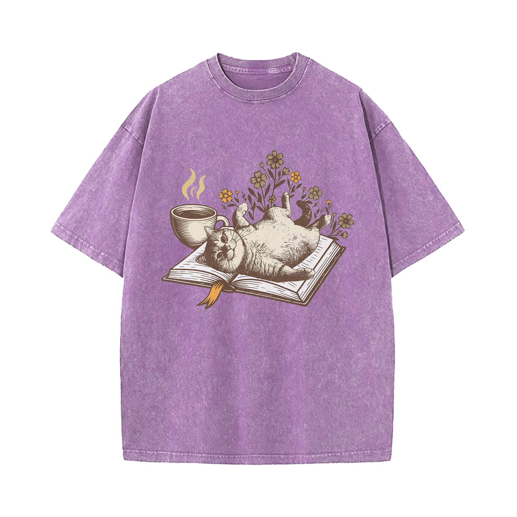 Cozy Book Cat Washed T-Shirt