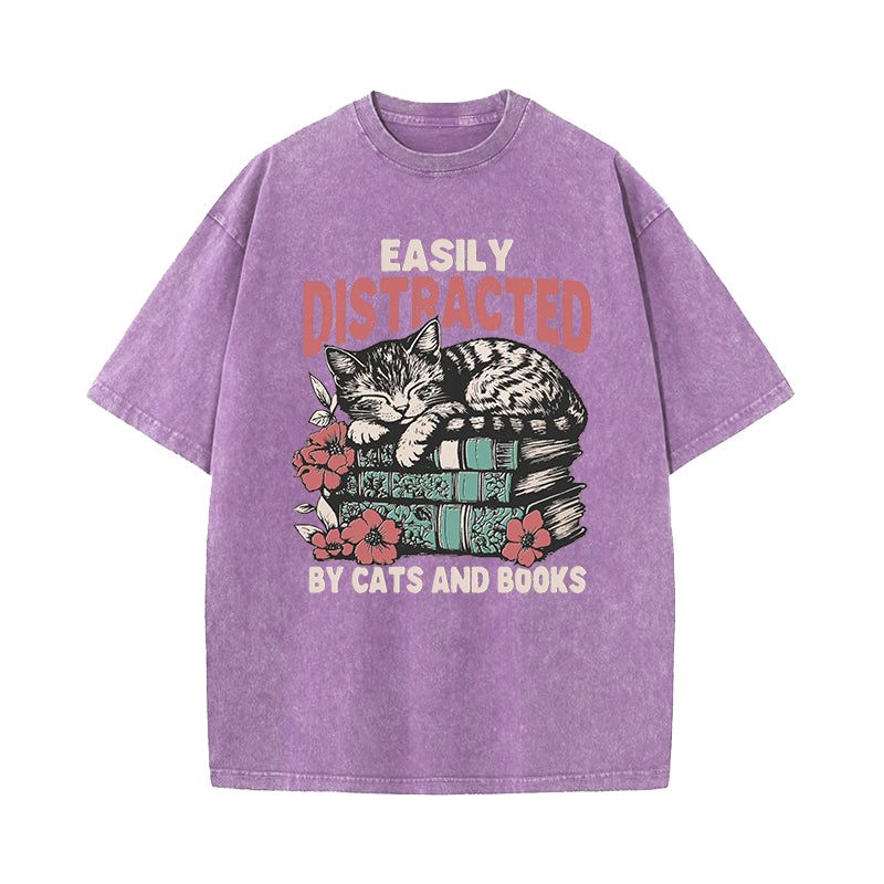 Easily Distracted by Cats and Books Washed T-Shirt