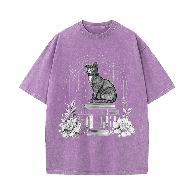 Witchy Black Cat Book Lover Washed T-Shirt
