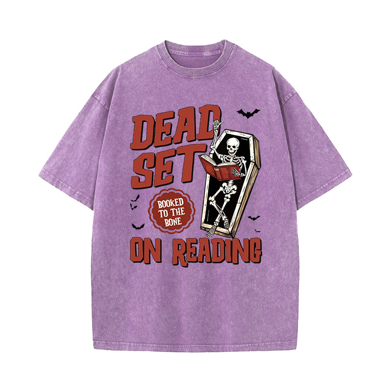 Dead Set On Reading Booked To The Bone Halloween Washed T-Shirt
