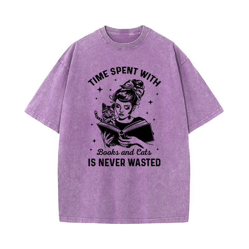 Time Spent With Cats and Books is Never Wasted Washed T-Shirt