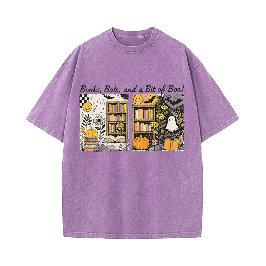 Halloween Books Bats Boo Washed T-Shirt