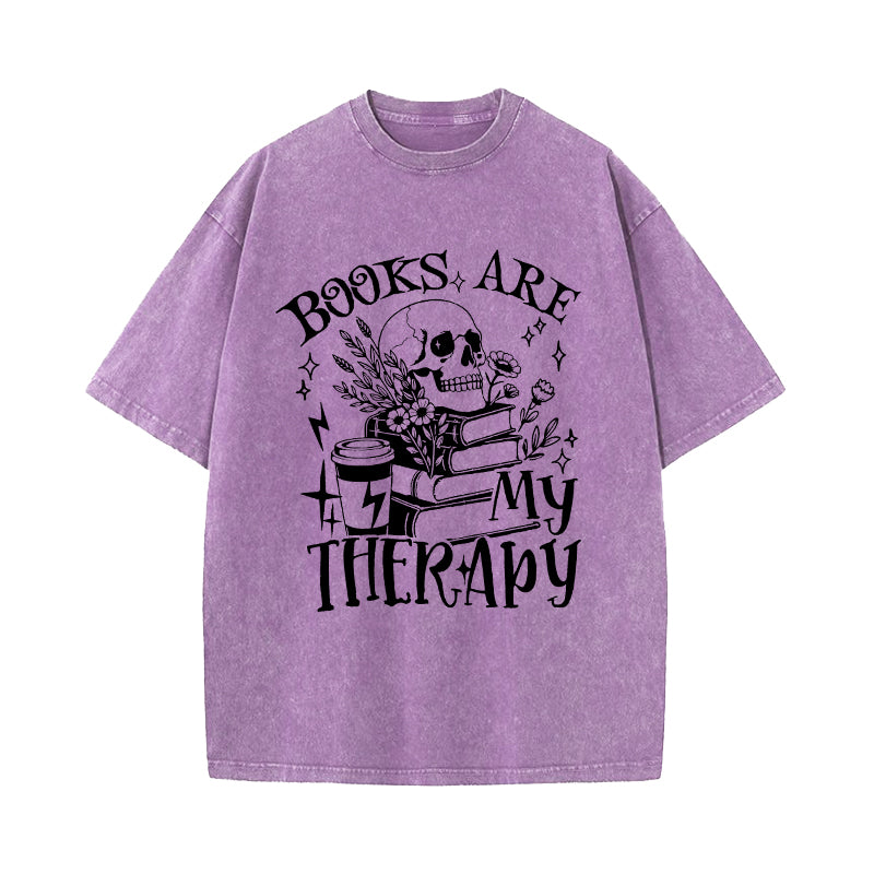 Books Are My Therapy Floral Skull Washed T-Shirt