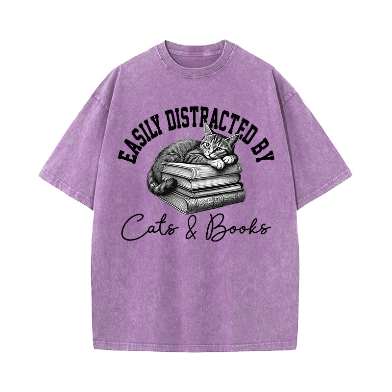 Easily Distracted By Cats and Books Washed T-Shirt