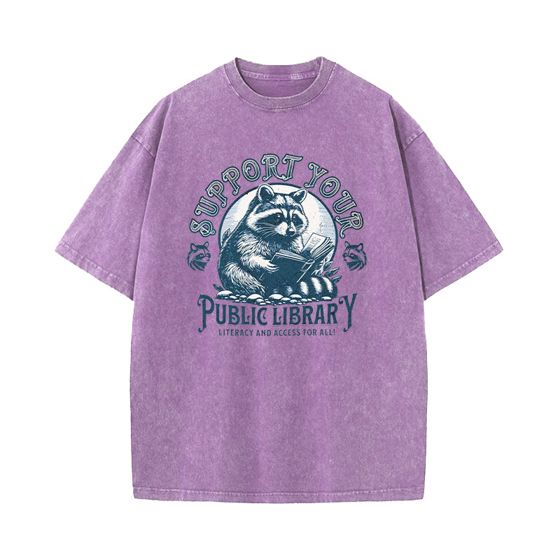 Support Your Public Library Raccoon Washed T-Shirt