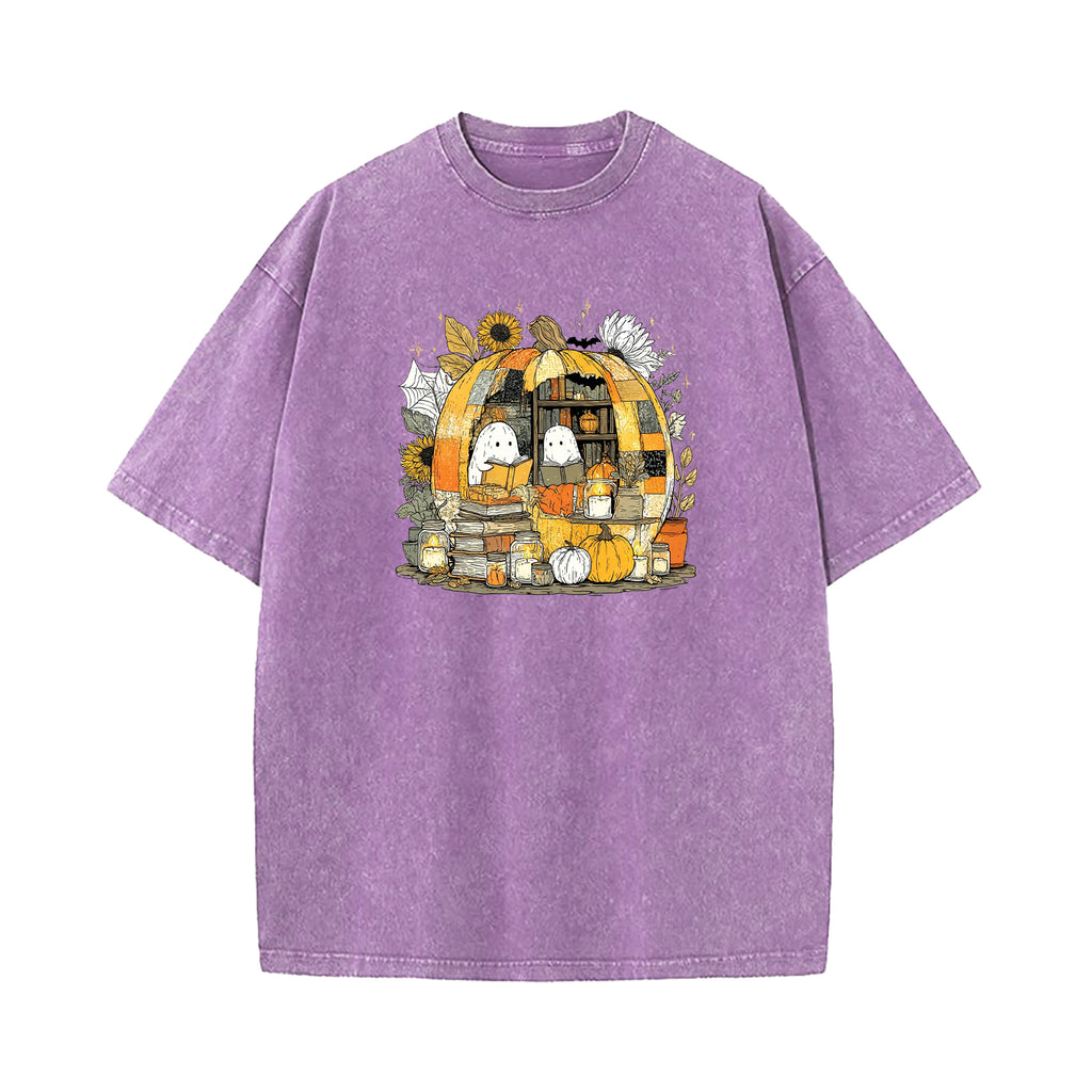 Reading Ghost in Pumpkin Bookshelf Washed T-Shirt