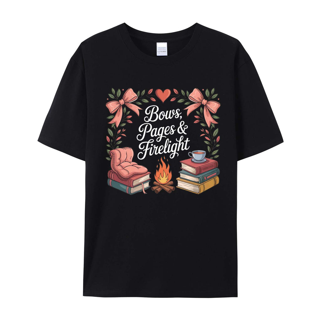 Cozy Bookish Campfire: Bows, Pages & Firelight cotton T-Shirt