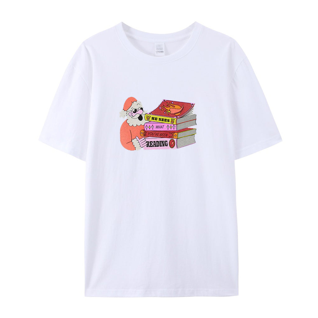 Santa: He Sees What You've Been Reading cotton T-shirts
