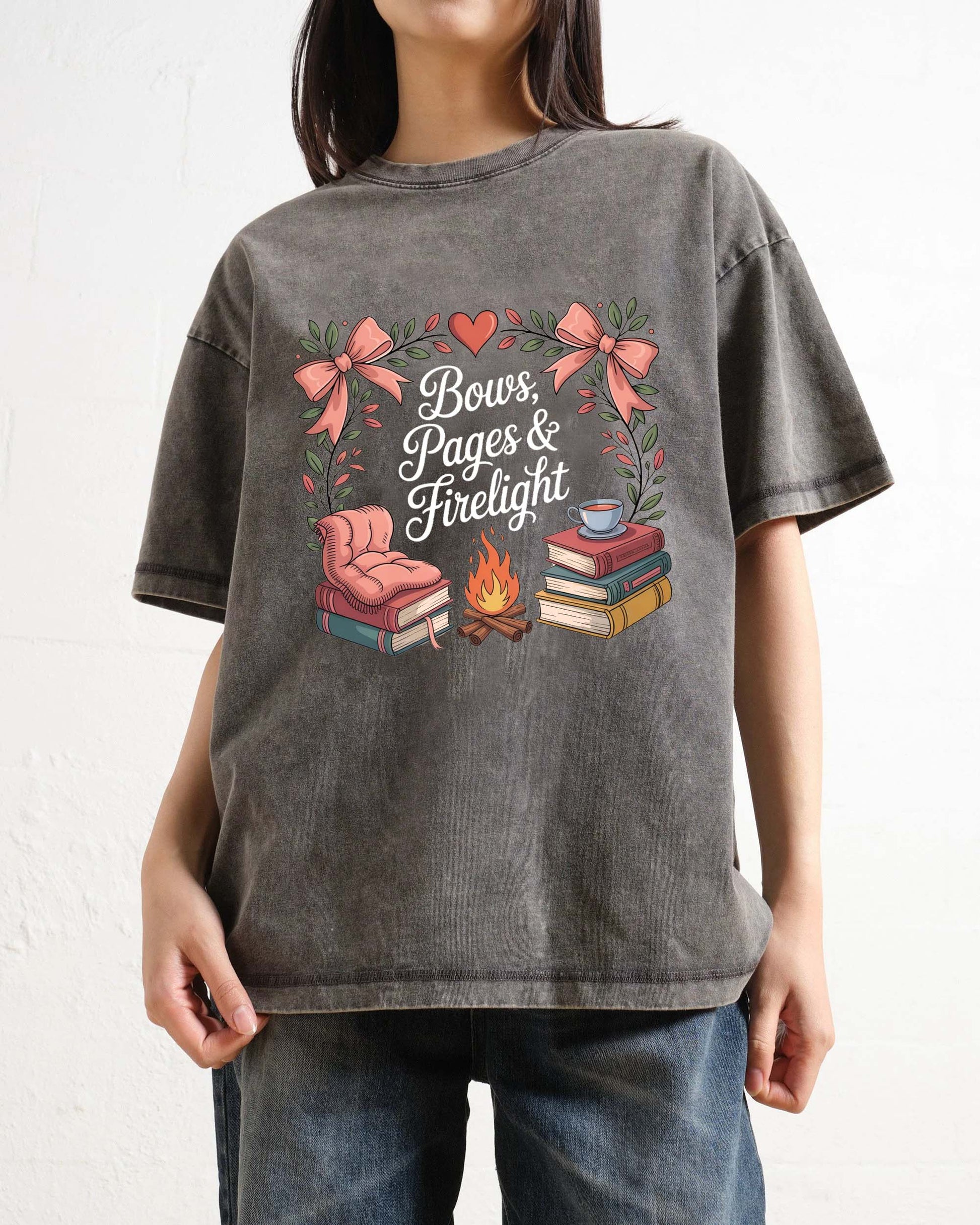 Cozy Bookish Campfire: Bows, Pages & Firelight T-shirt