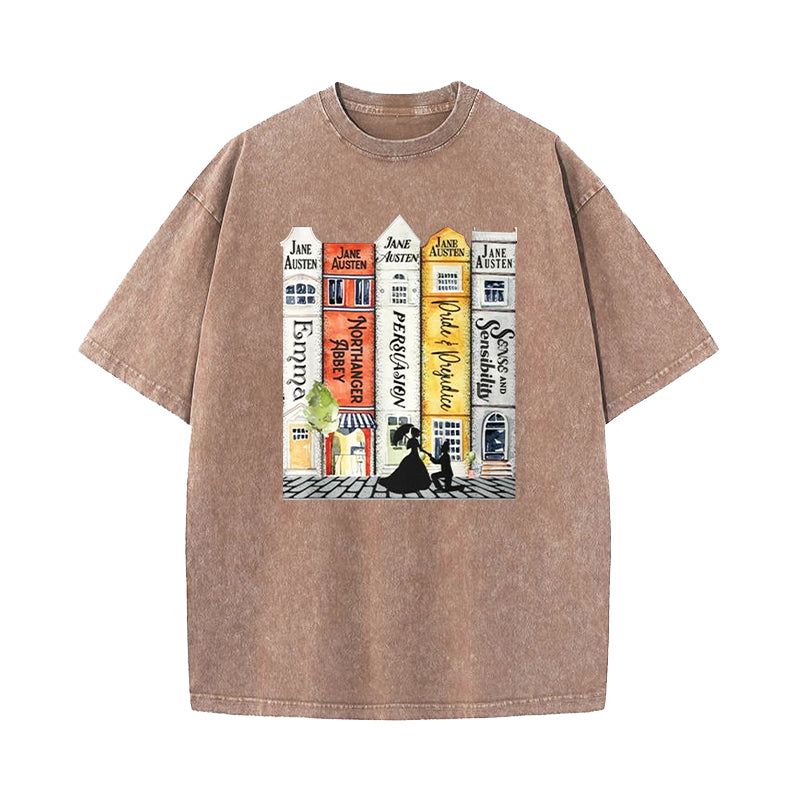 Jane Austen Books Street Romance Reader Washed T-Shirt