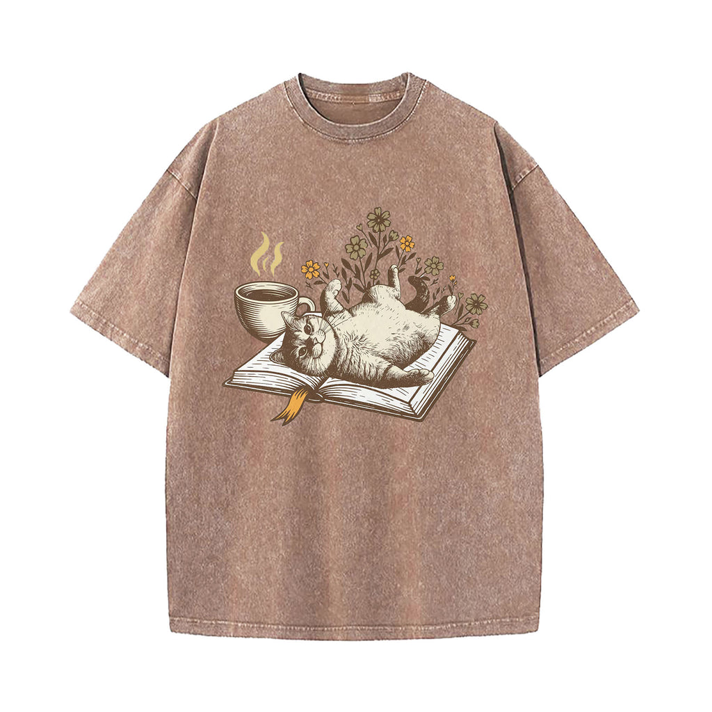 Cozy Book Cat Washed T-Shirt