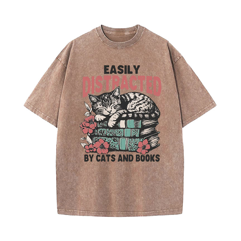 Easily Distracted by Cats and Books Washed T-Shirt