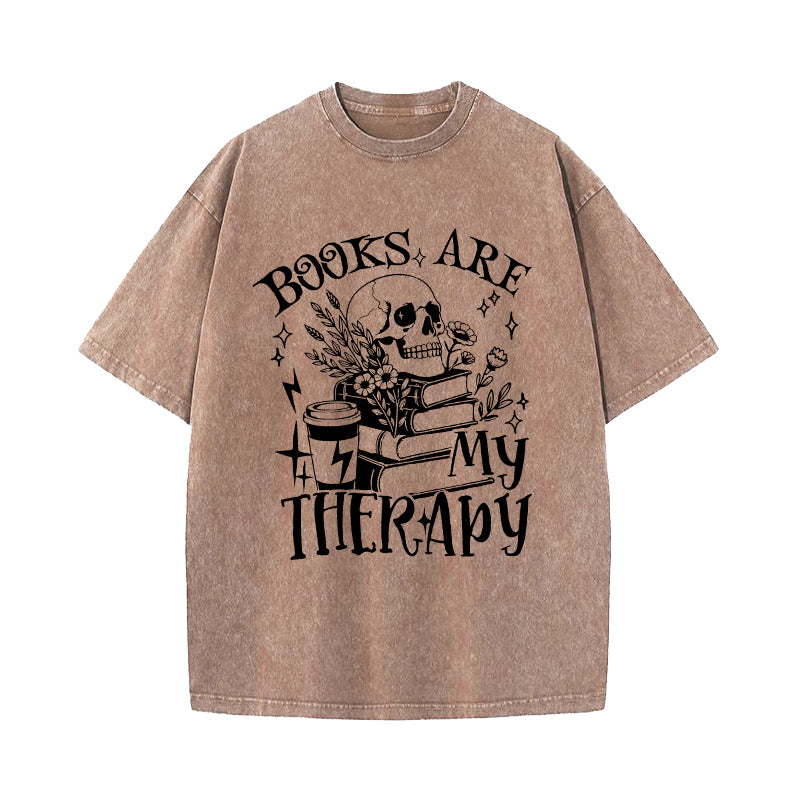 Books Are My Therapy Floral Skull Washed T-Shirt