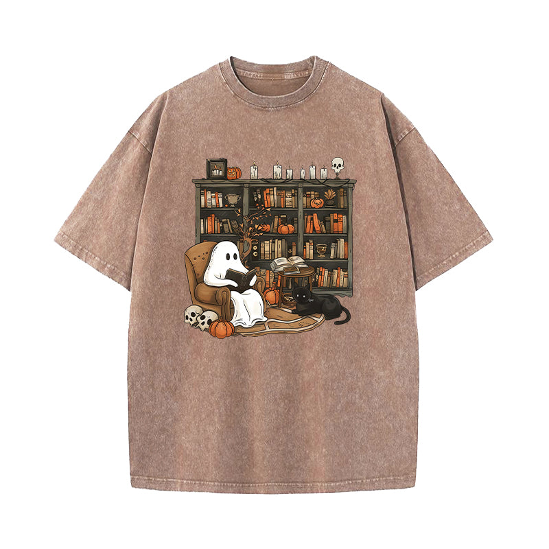 Halloween Ghost Reading Books Washed T-Shirt
