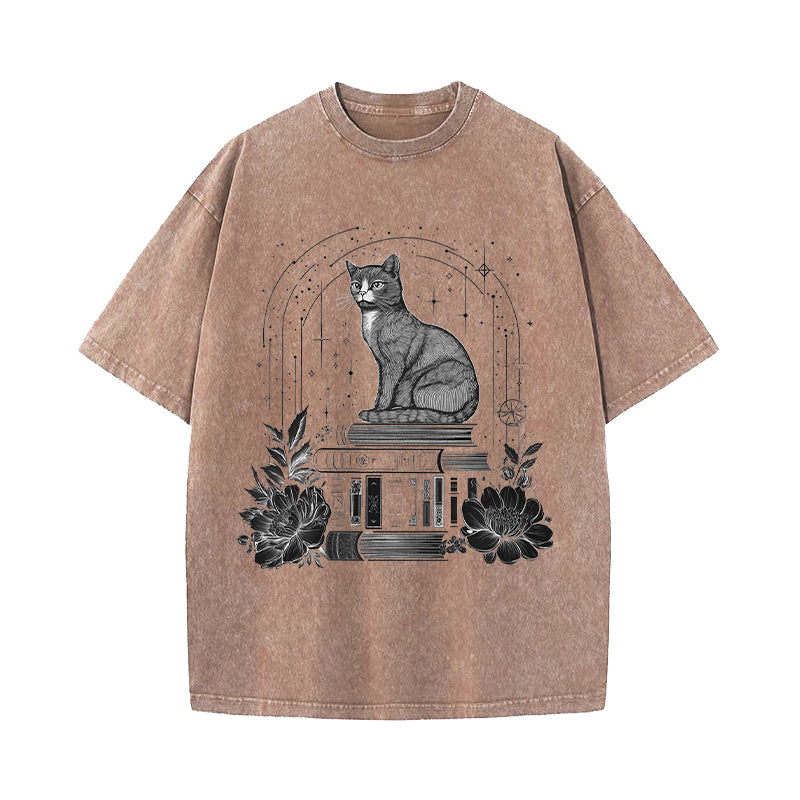 Witchy Black Cat Book Lover Washed T-Shirt
