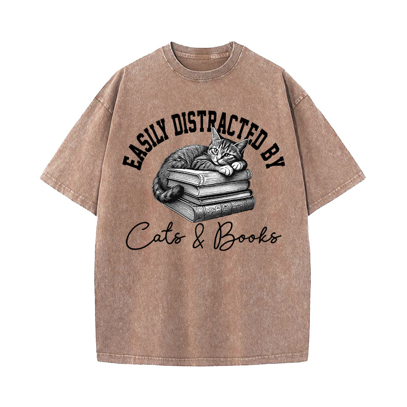 Easily Distracted By Cats and Books Washed T-Shirt