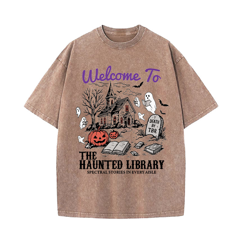 Welcome To The Haunted Library Washed T-Shirt