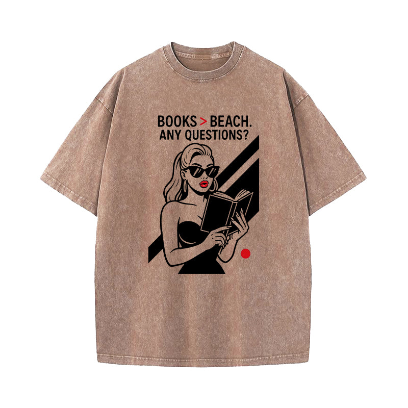 Books Over Beach Funny Reading Girl Washed T-Shirt