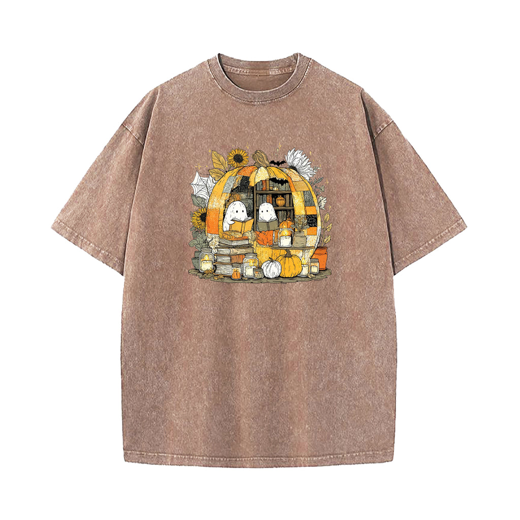 Reading Ghost in Pumpkin Bookshelf Washed T-Shirt