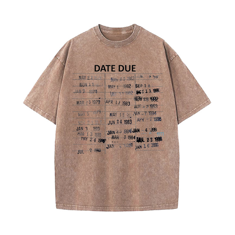 Library Card Due Date Washed T-Shirt