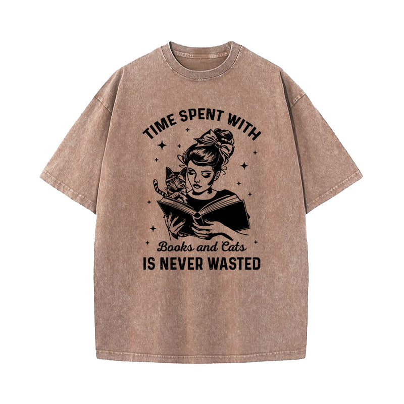 Time Spent With Cats and Books is Never Wasted Washed T-Shirt