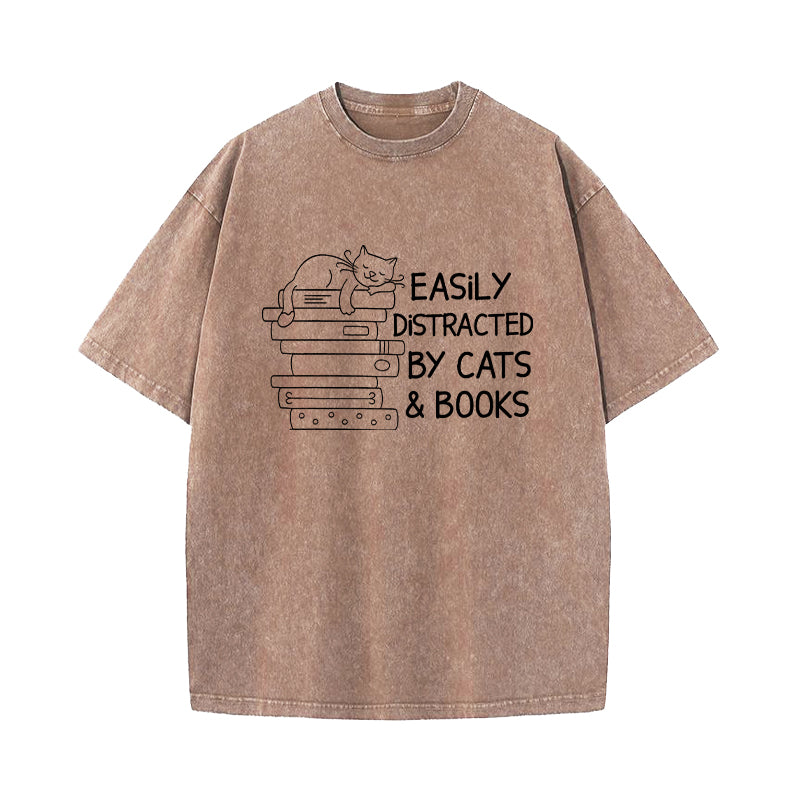 Easily Distracted By Cats And Books Washed T-Shirt