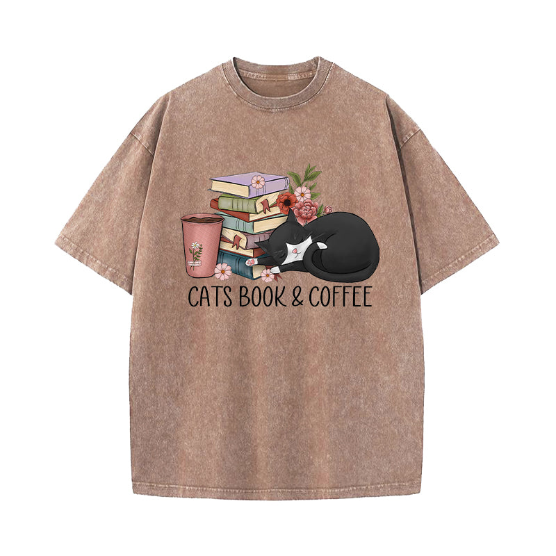 Cats Book And Coffee Washed T-Shirt