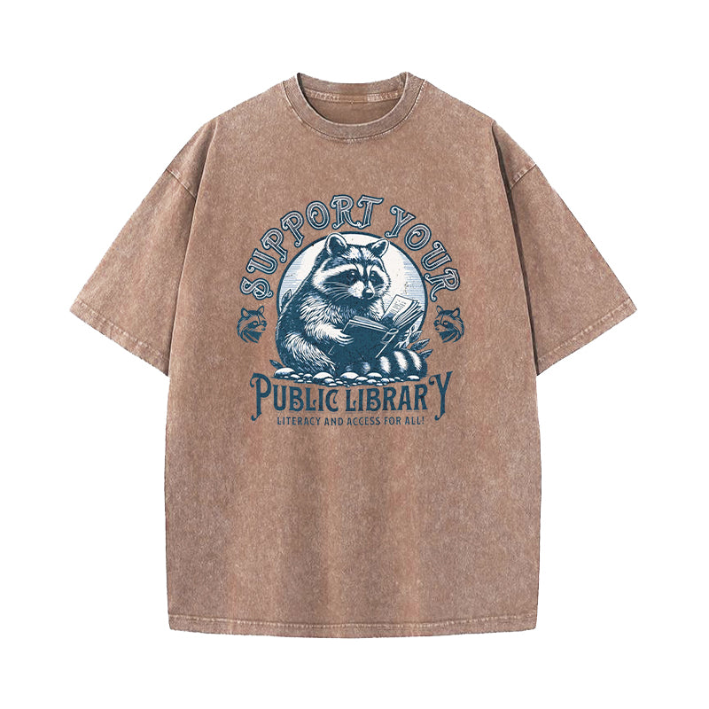 Support Your Public Library Raccoon Washed T-Shirt