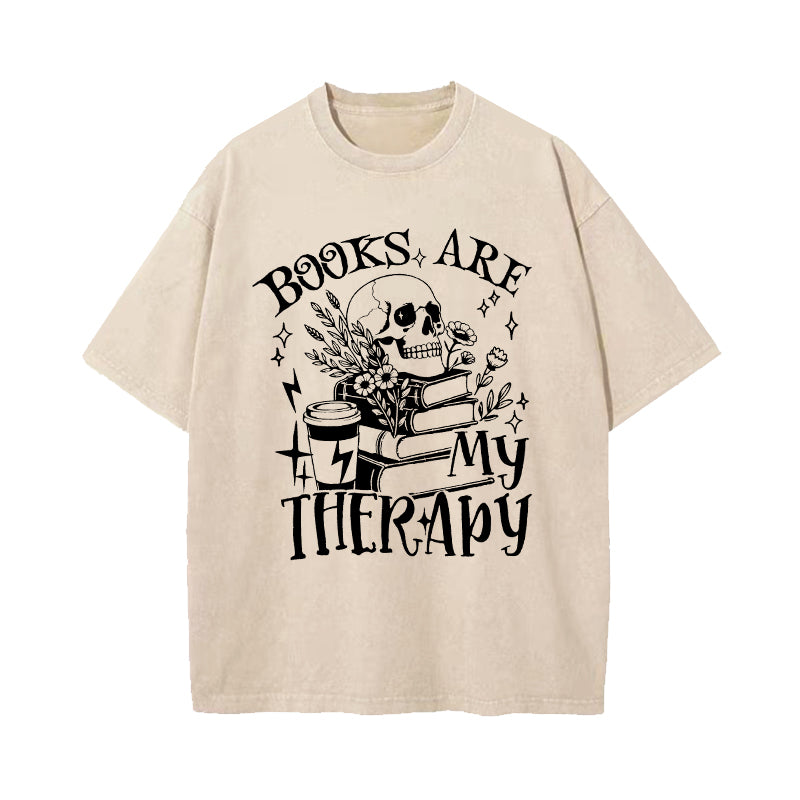 Books Are My Therapy Floral Skull Washed T-Shirt