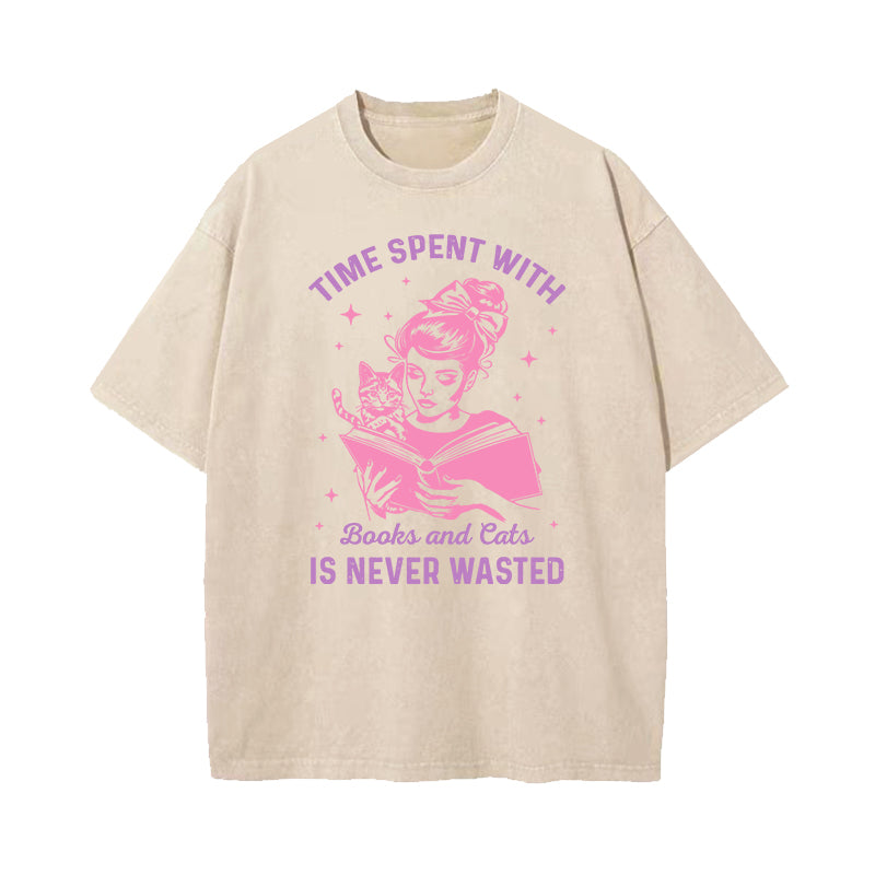 Time Spent With Cats and Books is Never Wasted Washed T-Shirt