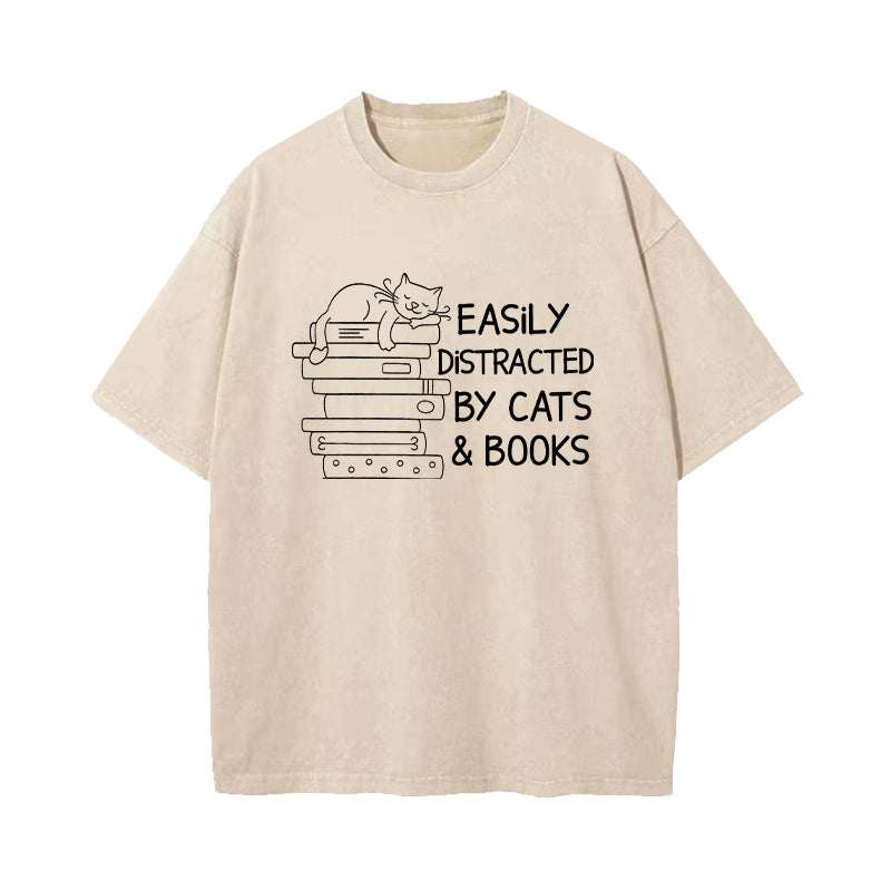 Easily Distracted By Cats And Books Washed T-Shirt