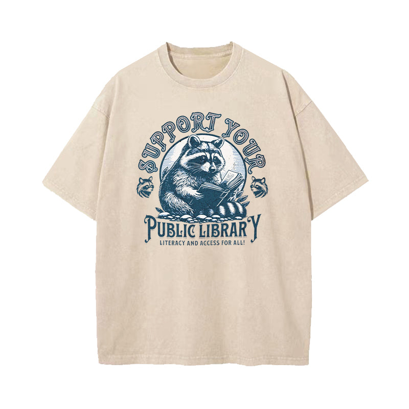 Support Your Public Library Raccoon Washed T-Shirt