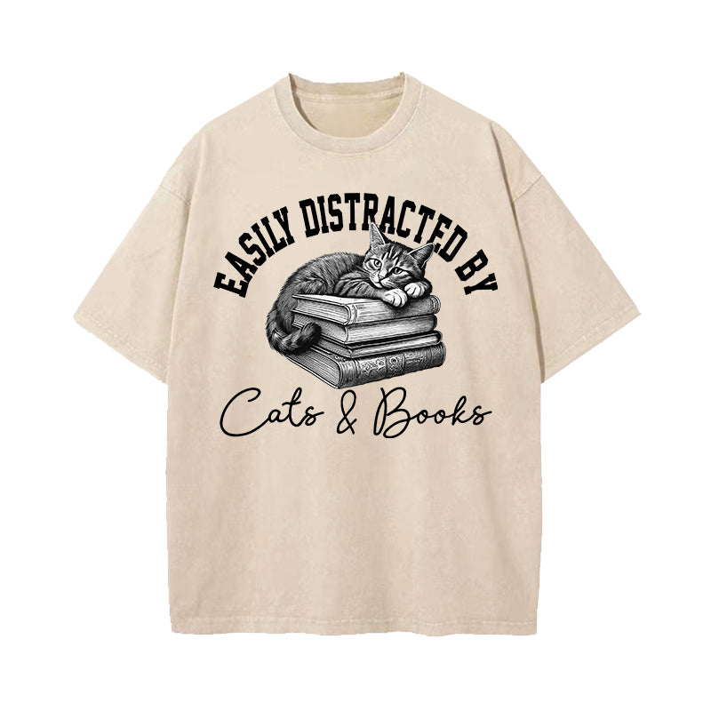 Easily Distracted By Cats and Books Washed T-Shirt