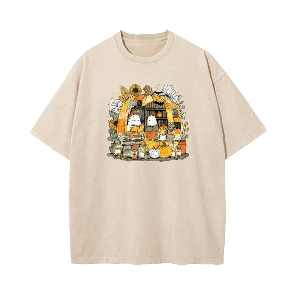 Reading Ghost in Pumpkin Bookshelf Washed T-Shirt