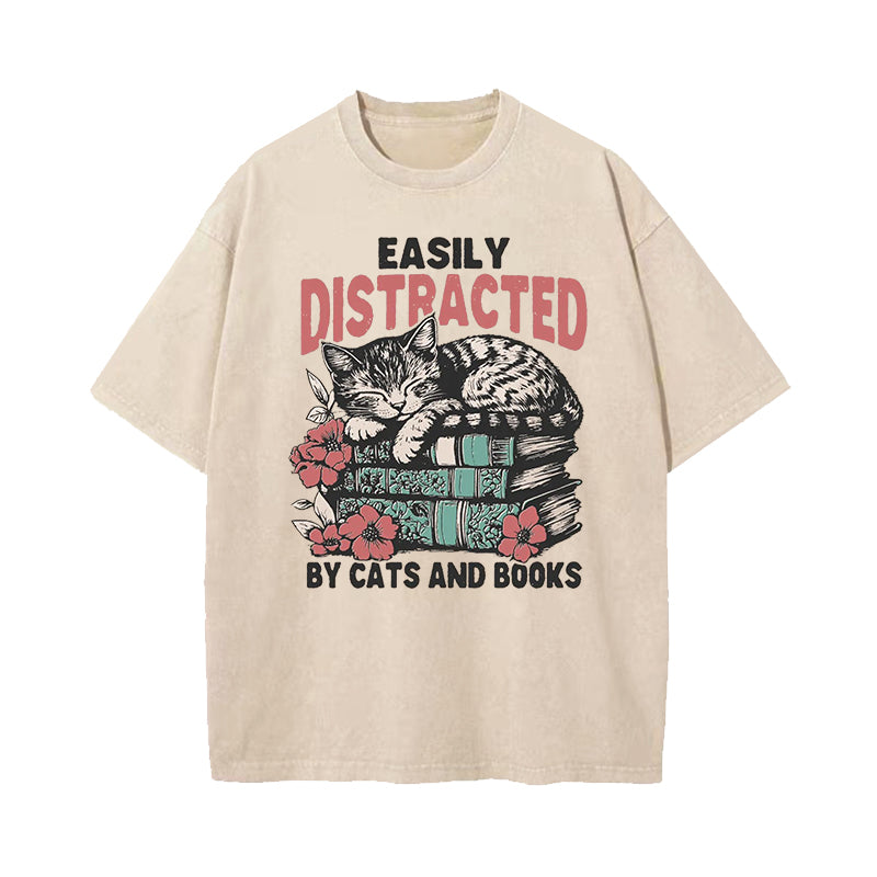 Easily Distracted by Cats and Books Washed T-Shirt