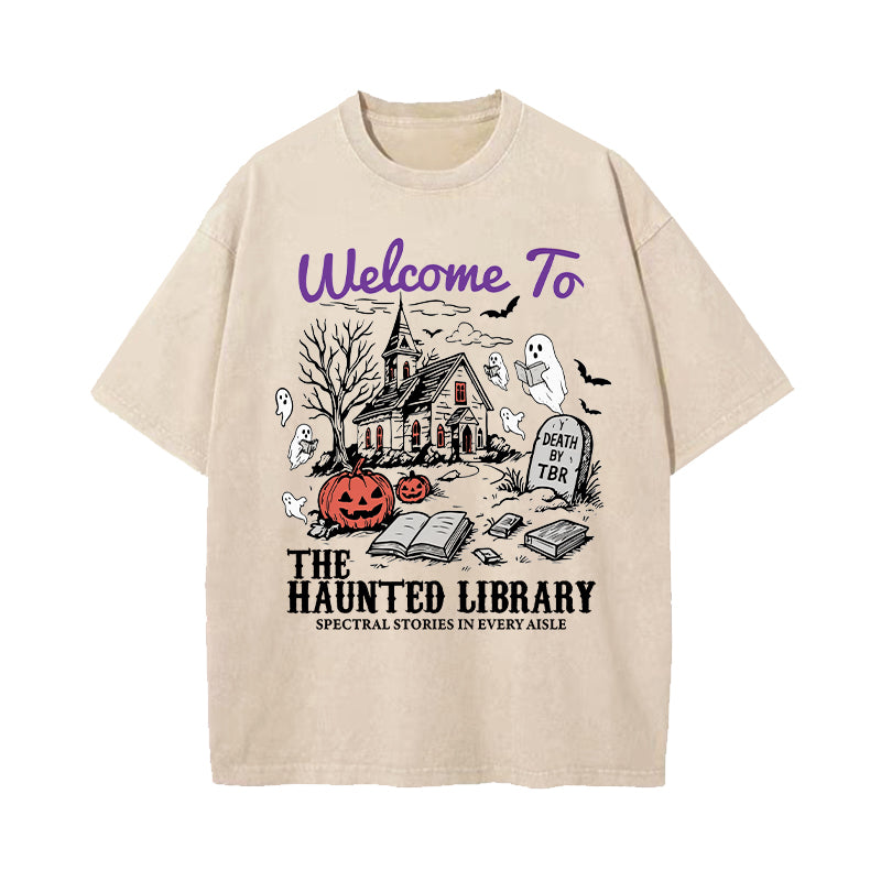 Welcome To The Haunted Library Washed T-Shirt