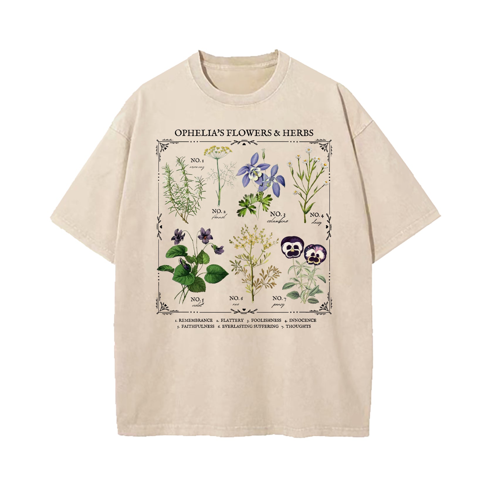 Shakespeare Ophelia Flower Chart Herbology Washed T-Shirt