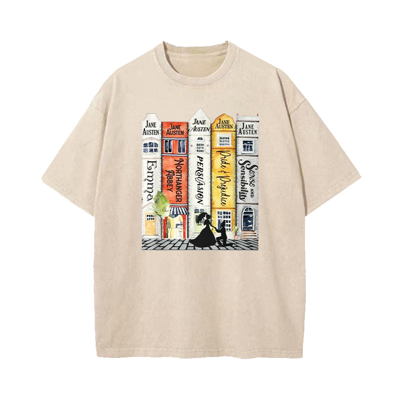Jane Austen Books Street Romance Reader Washed T-Shirt