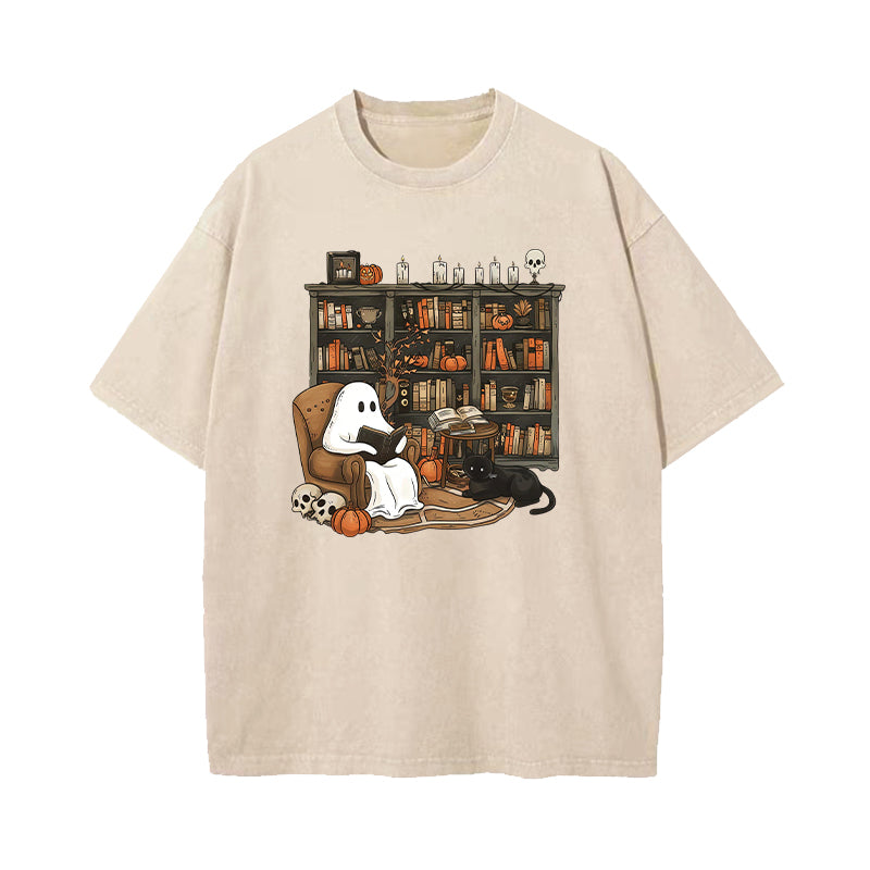 Halloween Ghost Reading Books Washed T-Shirt