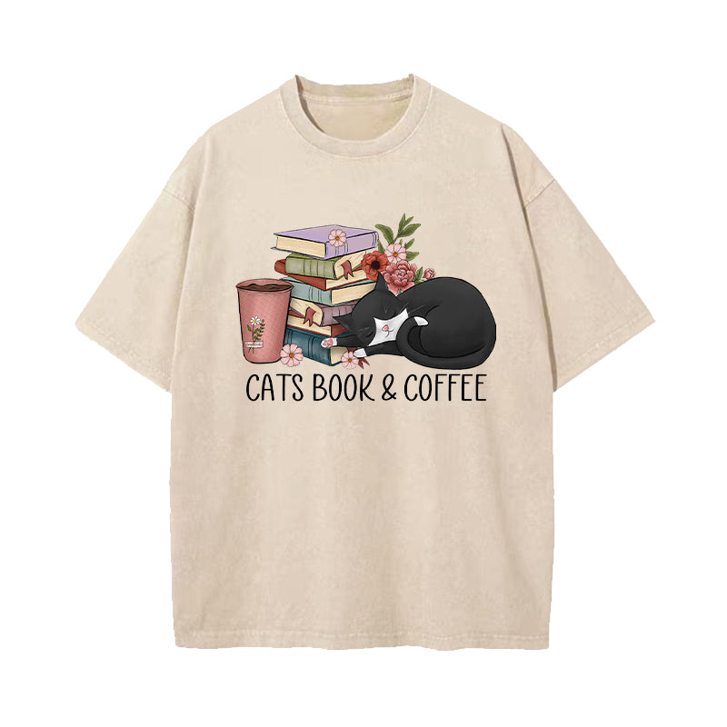 Cats Book And Coffee Washed T-Shirt