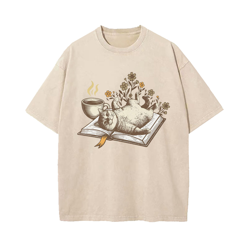 Cozy Book Cat Washed T-Shirt