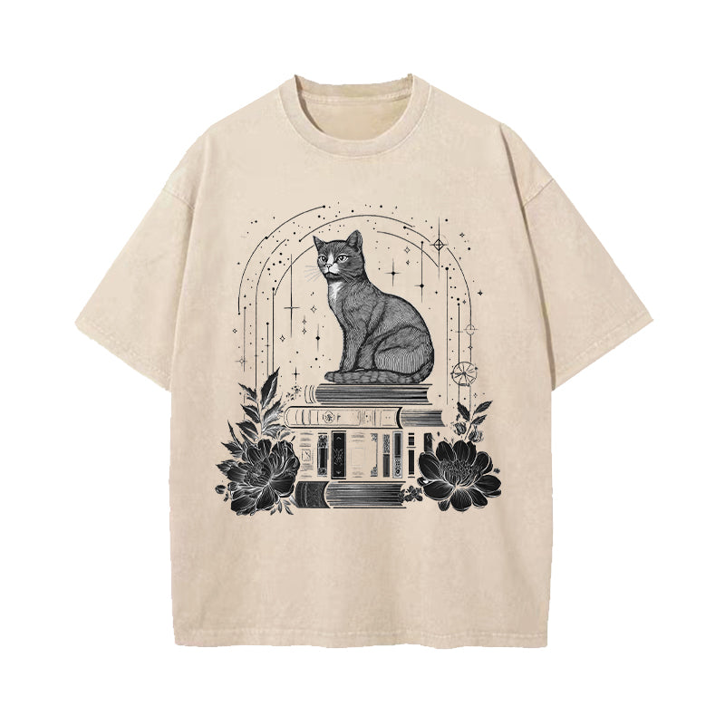 Witchy Black Cat Book Lover Washed T-Shirt